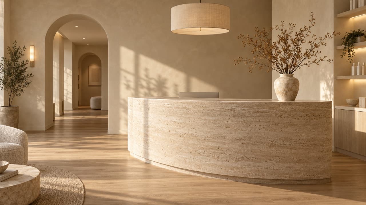 Solenne reception with a curved travertine desk