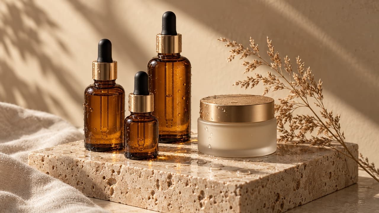 Amber serum bottles and a cream jar on travertine